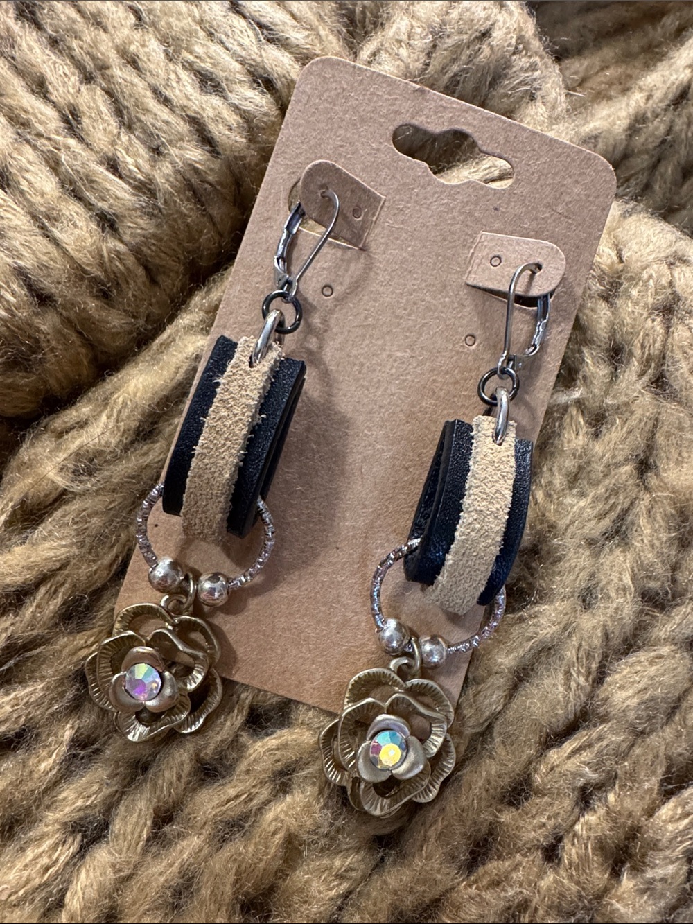 Handmade Floral Drop Earrings with Genuine Black Leather and Tan Suede Accents